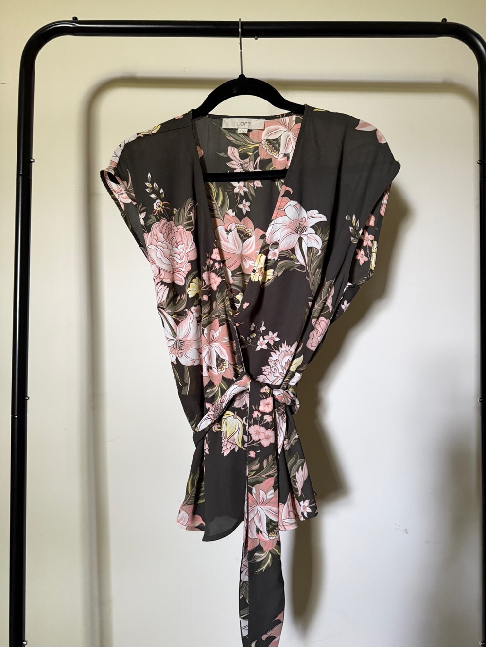 LOFT Dark Floral Wrap Top with Pink Blooms